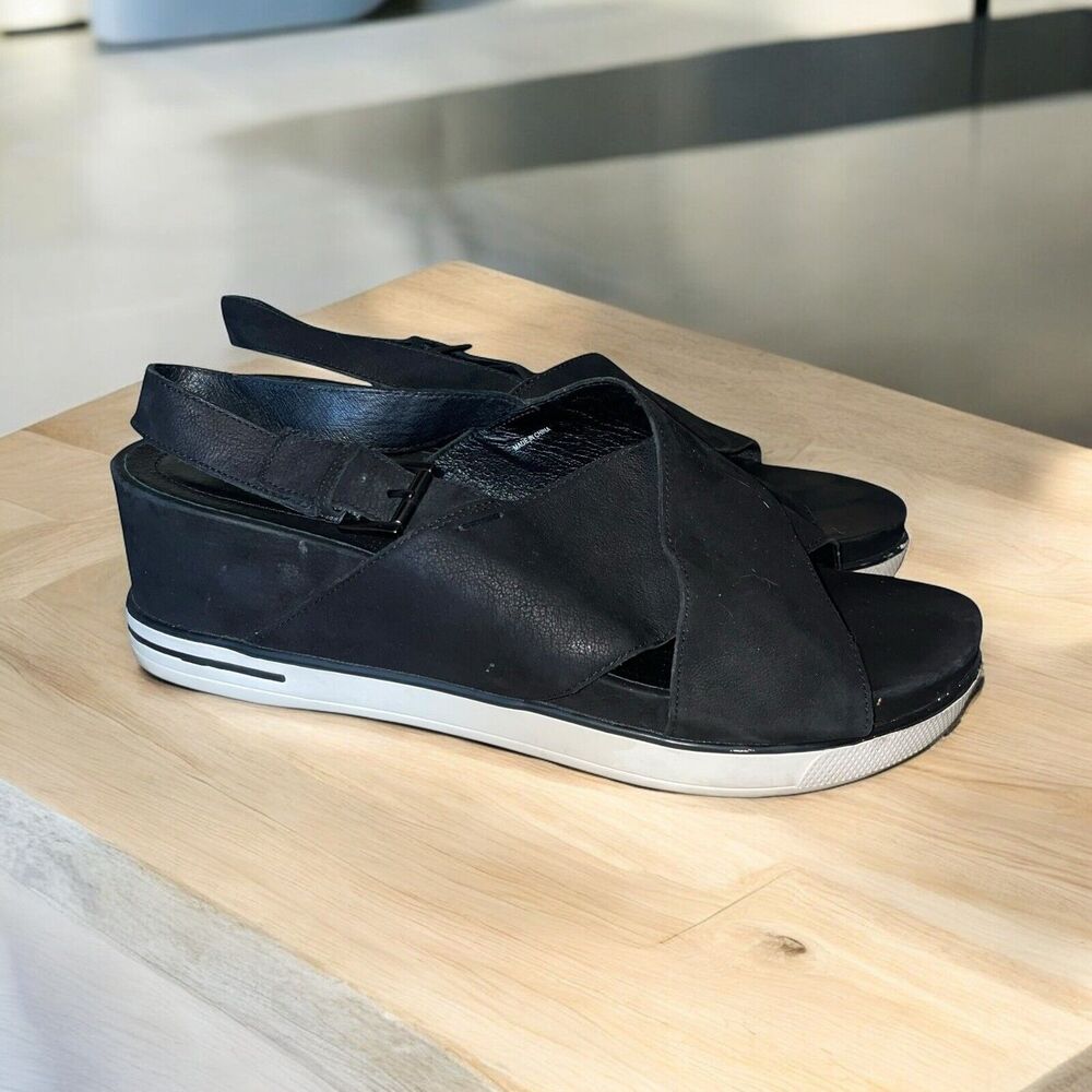 Eileen Fisher 11 Black Crisscross Leather Slingback Platform Sandals